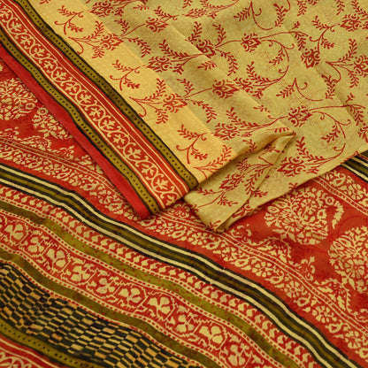Vintage Sari Yellow & Red 100% Pure Chiffon Silk Printed Sarees Sewing 5yd Craft Fabric Soft Dress Designing for Crafting Floral