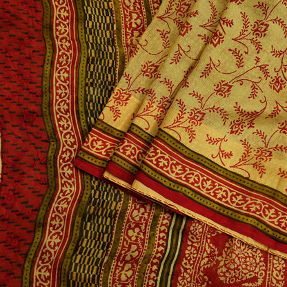 Vintage Sari Yellow & Red 100% Pure Chiffon Silk Printed Sarees Sewing 5yd Craft Fabric Soft Dress Designing for Crafting Floral