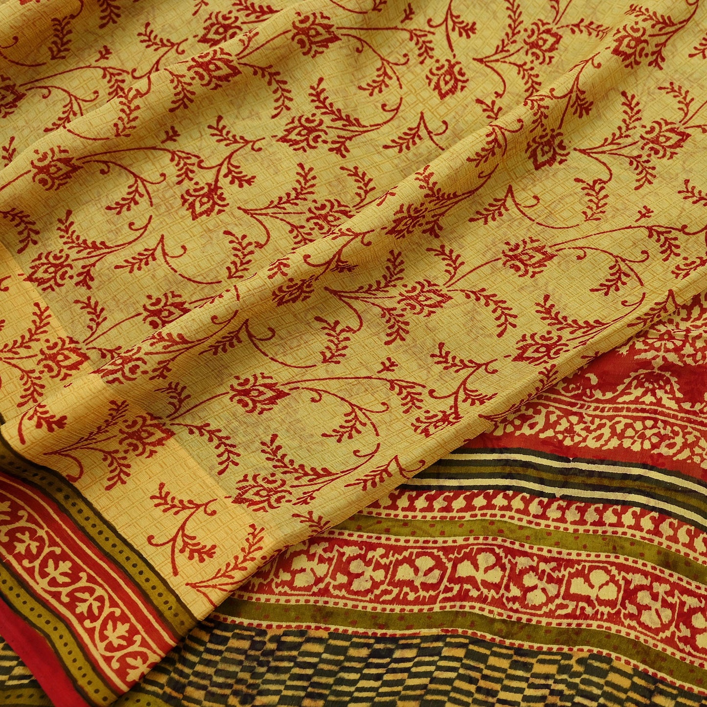 Vintage Sari Yellow & Red 100% Pure Chiffon Silk Printed Sarees Sewing 5yd Craft Fabric Soft Dress Designing for Crafting Floral