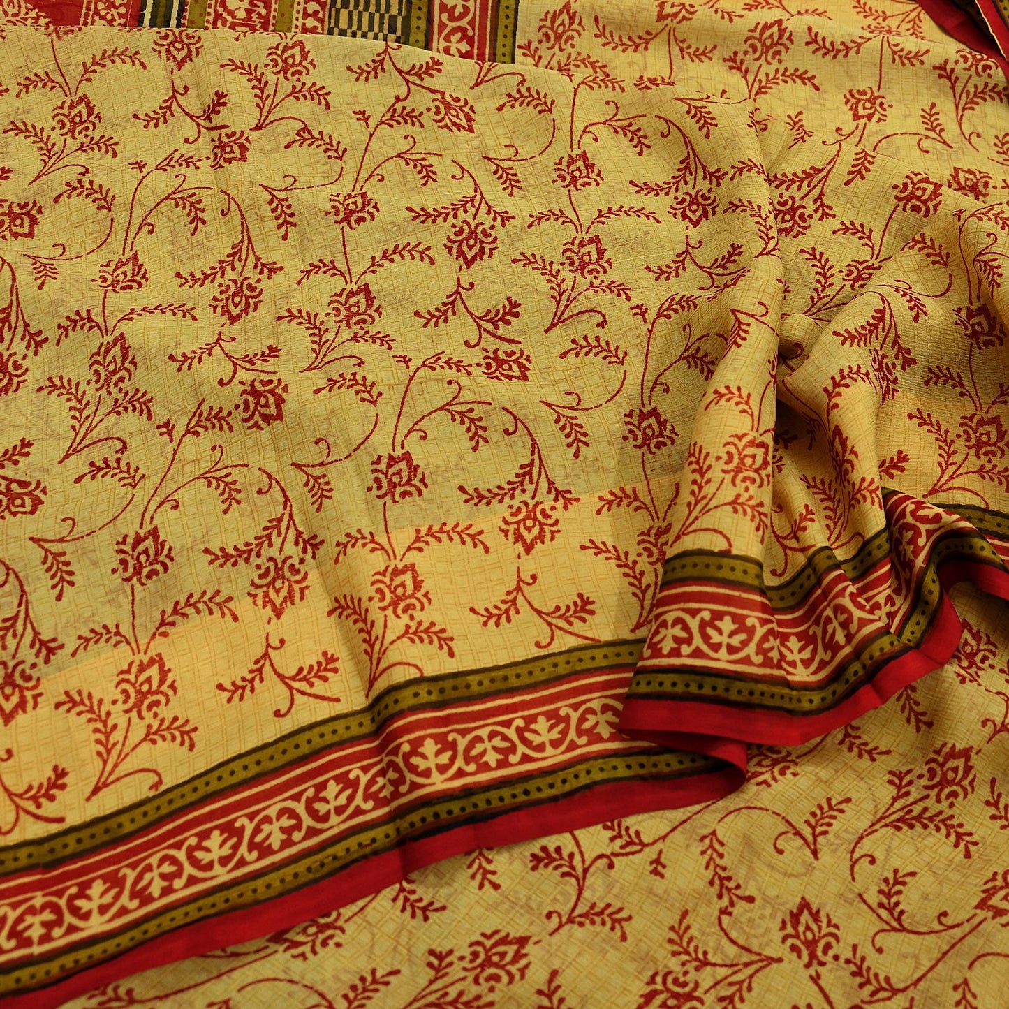Vintage Sari Yellow & Red 100% Pure Chiffon Silk Printed Sarees Sewing 5yd Craft Fabric Soft Dress Designing for Crafting Floral