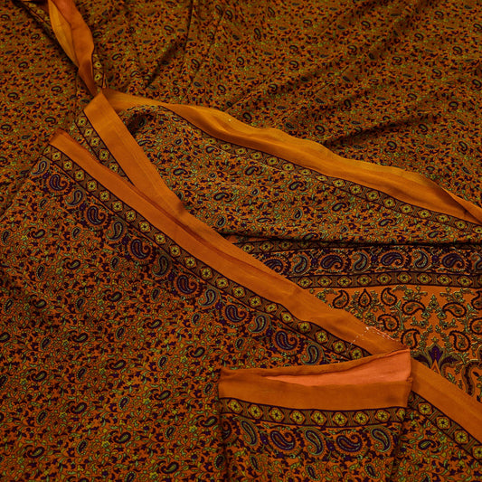 Indian Vintage Saree Purple & Orange Moss Crepe Printed Sari | 6 Yards | Floral Soft Fabric for Sewing, Dressmaking, Crafting, Quilting