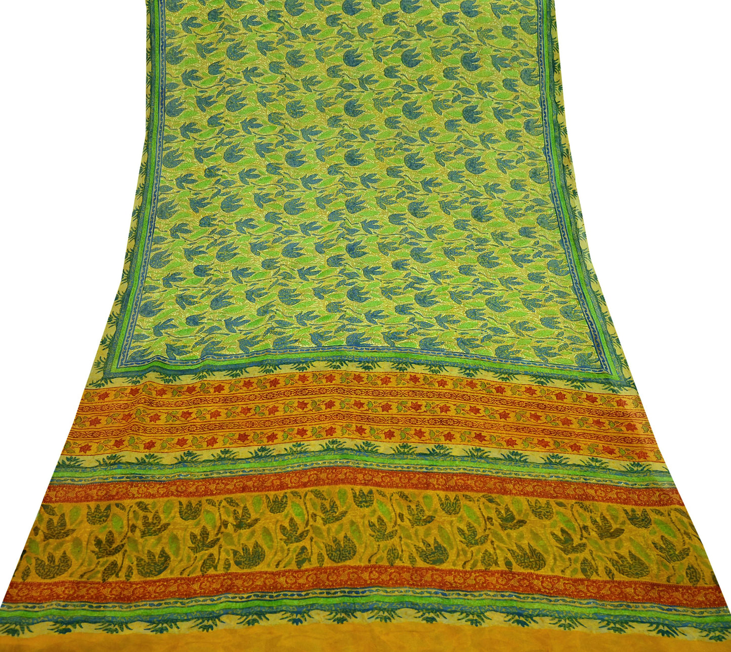 Indian Vintage Sari Green & Yellow 100% Pure Georgette Silk Block Printed Sarees Sewing 5yd Craft Soft Dress Designing for Crafting Abstract