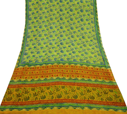 Indian Vintage Sari Green & Yellow 100% Pure Georgette Silk Block Printed Sarees Sewing 5yd Craft Soft Dress Designing for Crafting Abstract