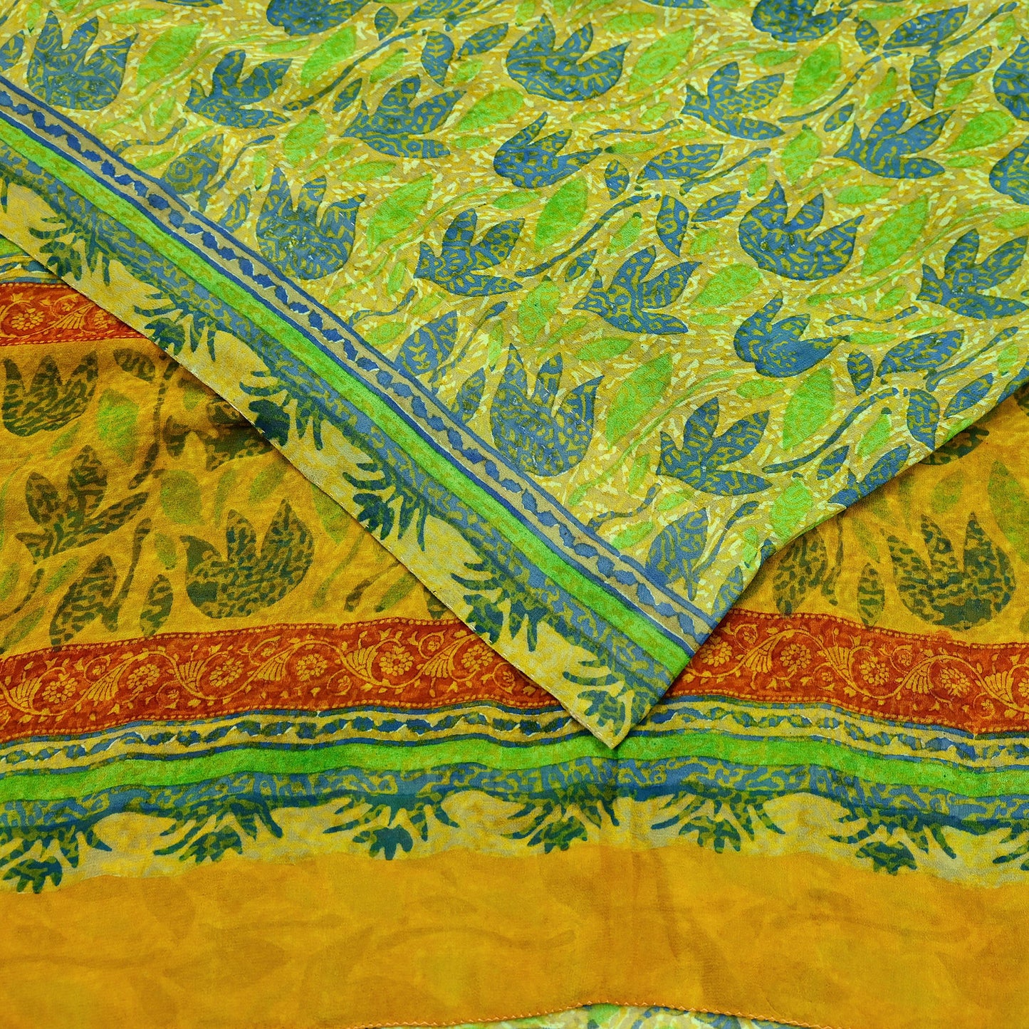 Indian Vintage Sari Green & Yellow 100% Pure Georgette Silk Block Printed Sarees Sewing 5yd Craft Soft Dress Designing for Crafting Abstract