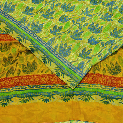 Indian Vintage Sari Green & Yellow 100% Pure Georgette Silk Block Printed Sarees Sewing 5yd Craft Soft Dress Designing for Crafting Abstract