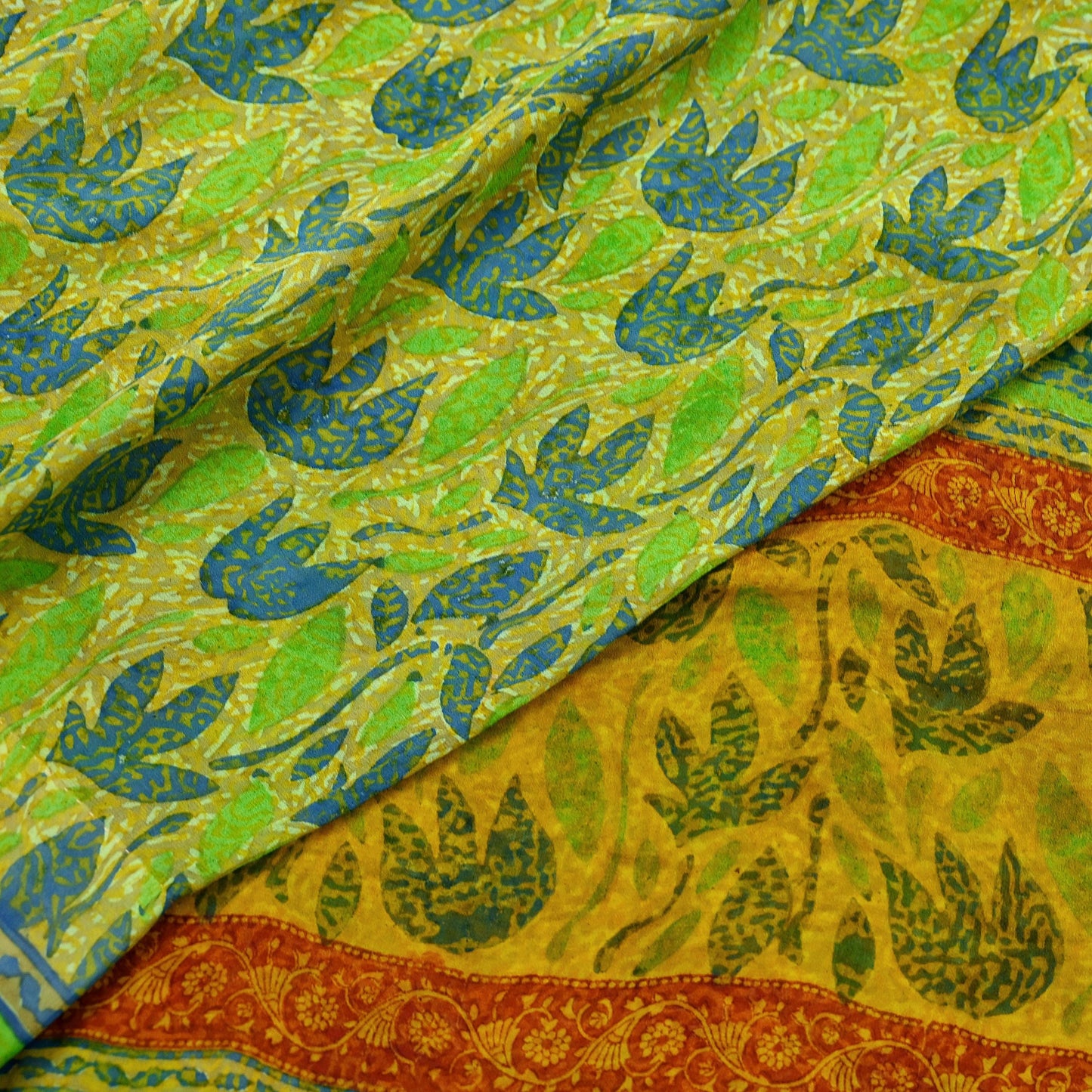 Indian Vintage Sari Green & Yellow 100% Pure Georgette Silk Block Printed Sarees Sewing 5yd Craft Soft Dress Designing for Crafting Abstract