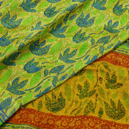 Indian Vintage Sari Green & Yellow 100% Pure Georgette Silk Block Printed Sarees Sewing 5yd Craft Soft Dress Designing for Crafting Abstract