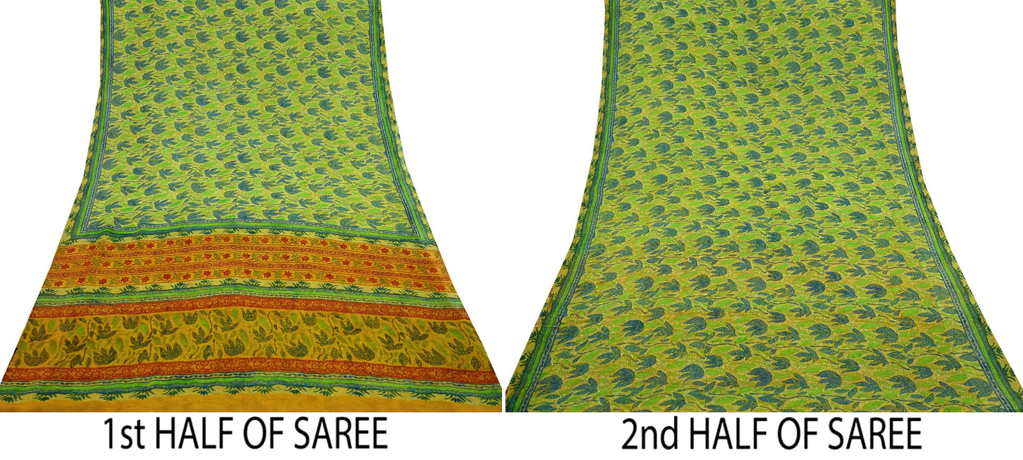 Indian Vintage Sari Green & Yellow 100% Pure Georgette Silk Block Printed Sarees Sewing 5yd Craft Soft Dress Designing for Crafting Abstract