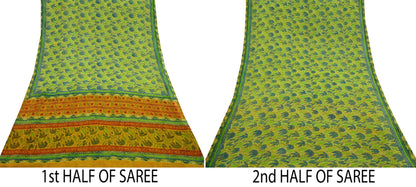 Indian Vintage Sari Green & Yellow 100% Pure Georgette Silk Block Printed Sarees Sewing 5yd Craft Soft Dress Designing for Crafting Abstract