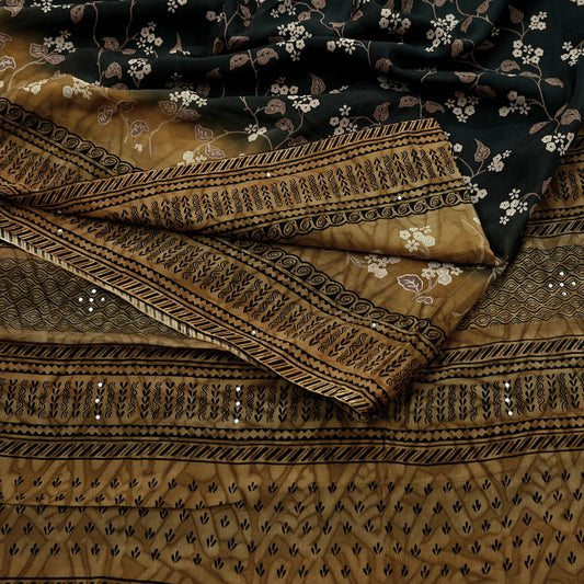 Indian Vintage Sari Black Pure Crepe Silk Printed Saree 5yd Sewing Floral Soft Craft Fabric Wrap Dress making Crafting Quilting Upcycle