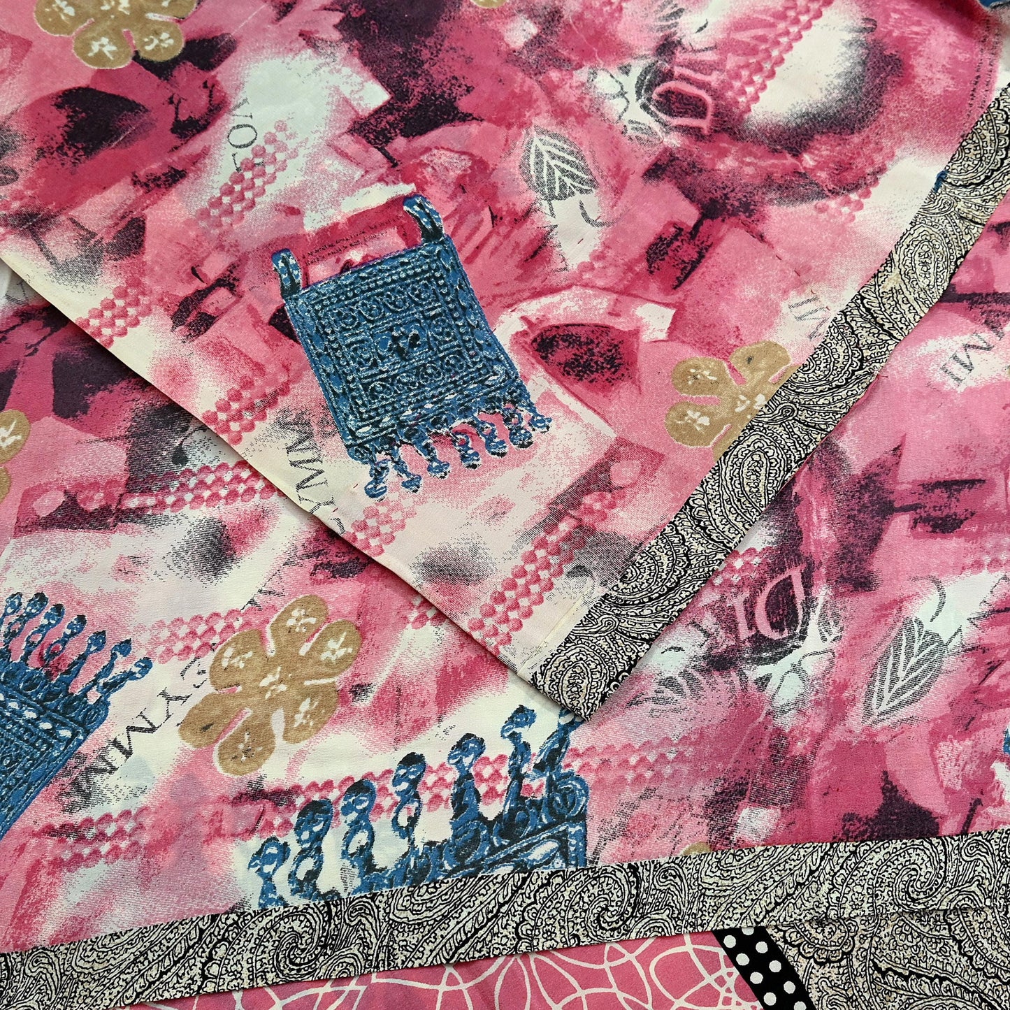 Indian Vintage Pink & Ivory Saree Pure Crepe Silk Printed Sari Craft Fabric 5yd Sewing Soft Wrap Crafting Quilting Dress making Upcycle
