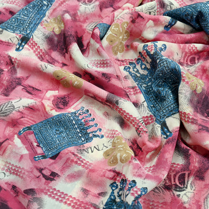 Indian Vintage Pink & Ivory Saree Pure Crepe Silk Printed Sari Craft Fabric 5yd Sewing Soft Wrap Crafting Quilting Dress making Upcycle