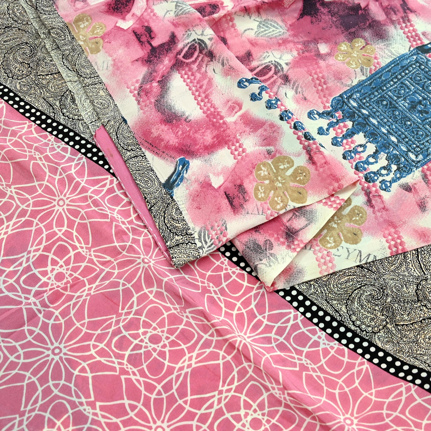 Indian Vintage Pink & Ivory Saree Pure Crepe Silk Printed Sari Craft Fabric 5yd Sewing Soft Wrap Crafting Quilting Dress making Upcycle