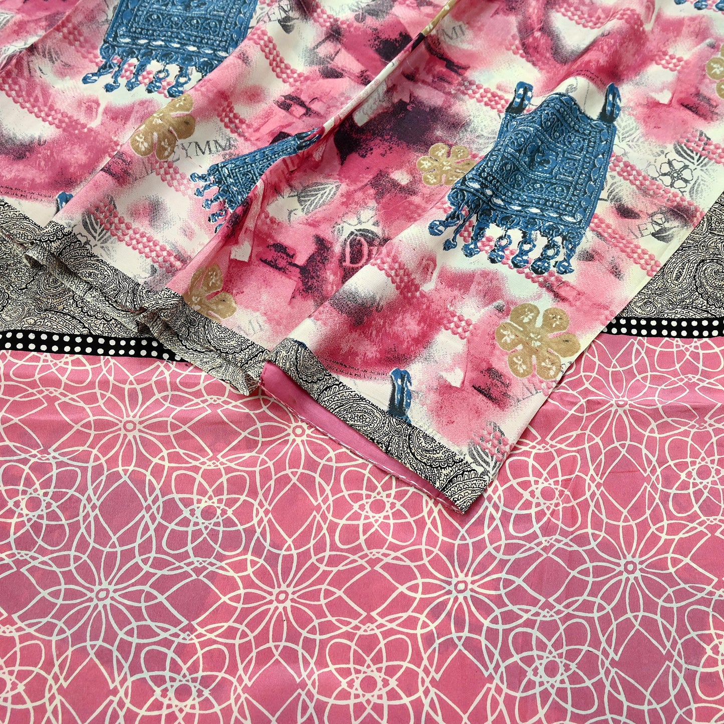 Indian Vintage Pink & Ivory Saree Pure Crepe Silk Printed Sari Craft Fabric 5yd Sewing Soft Wrap Crafting Quilting Dress making Upcycle