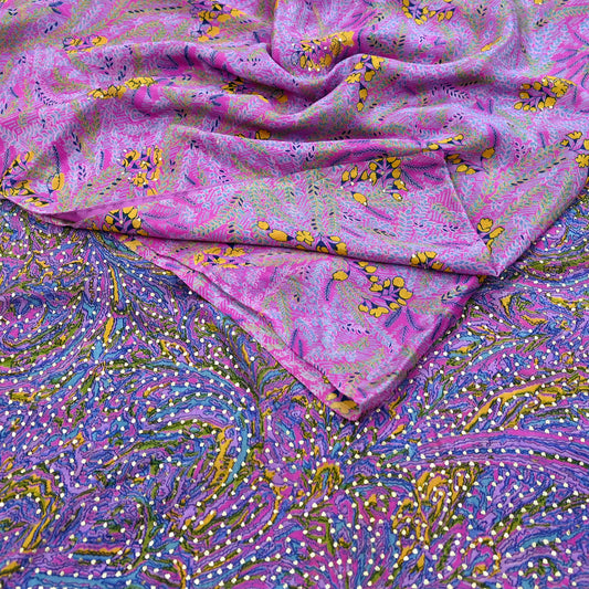 Indian Vintage Pink Pure Silk Printed Mukesh Work Saree 6 Yards Soft Floral Fabric for Dressmaking, Quilting, Crafting, Sewing, Dress Making