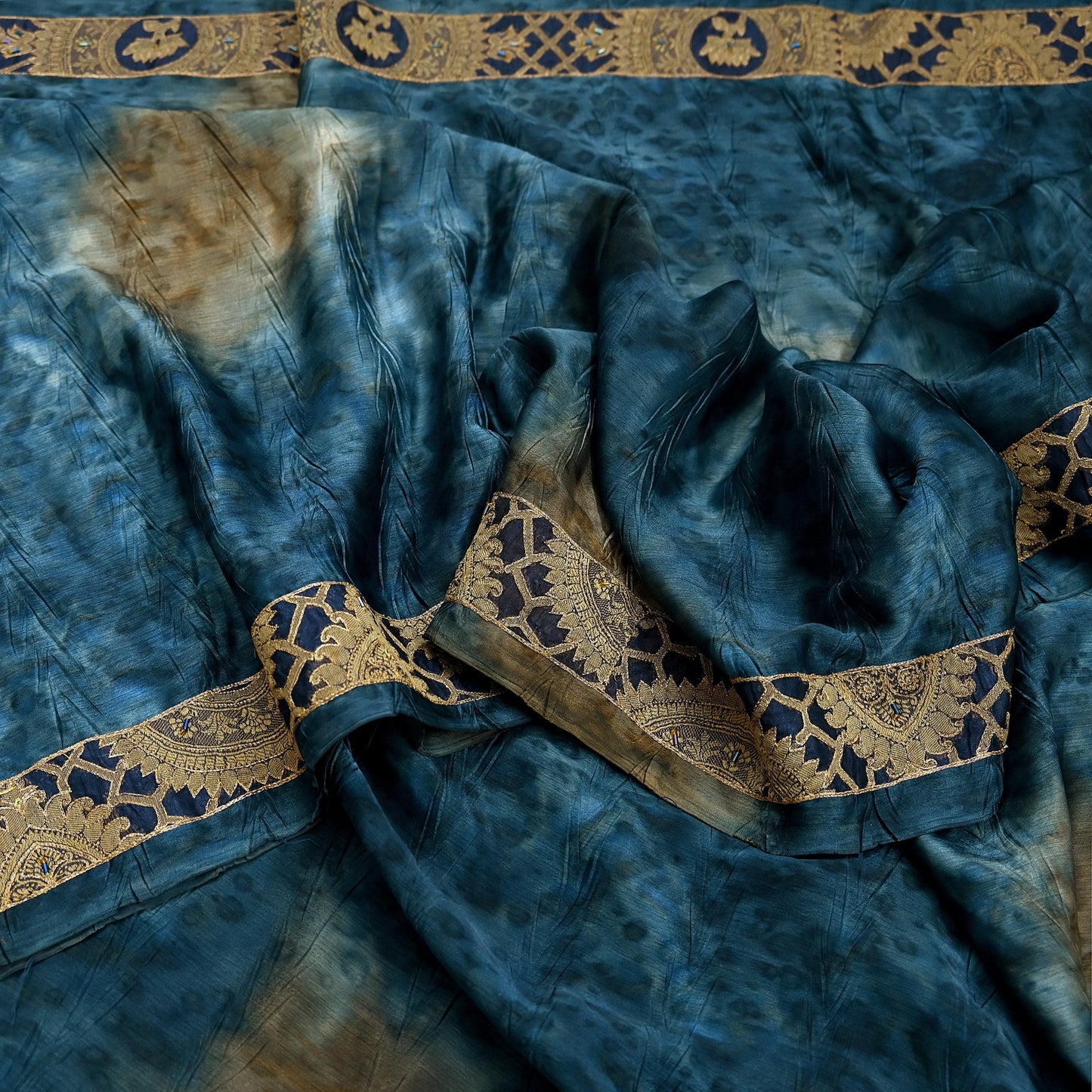 Indian Vintage Green & Blue Sarees Satin Hand Embroidered Sari Craft Fabric 5-Yards Sewing Soft Zardozi/Zari Floral Dress making Crafting