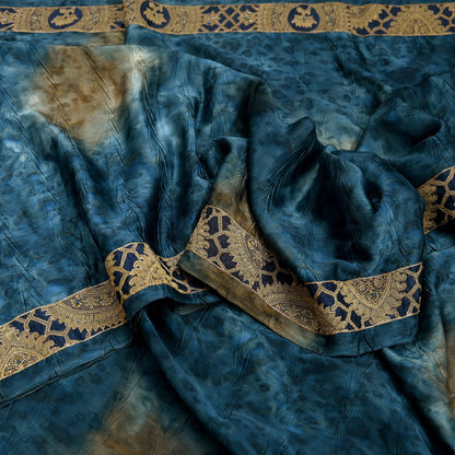 Indian Vintage Green & Blue Sarees Satin Hand Embroidered Sari Craft Fabric 5-Yards Sewing Soft Zardozi/Zari Floral Dress making Crafting