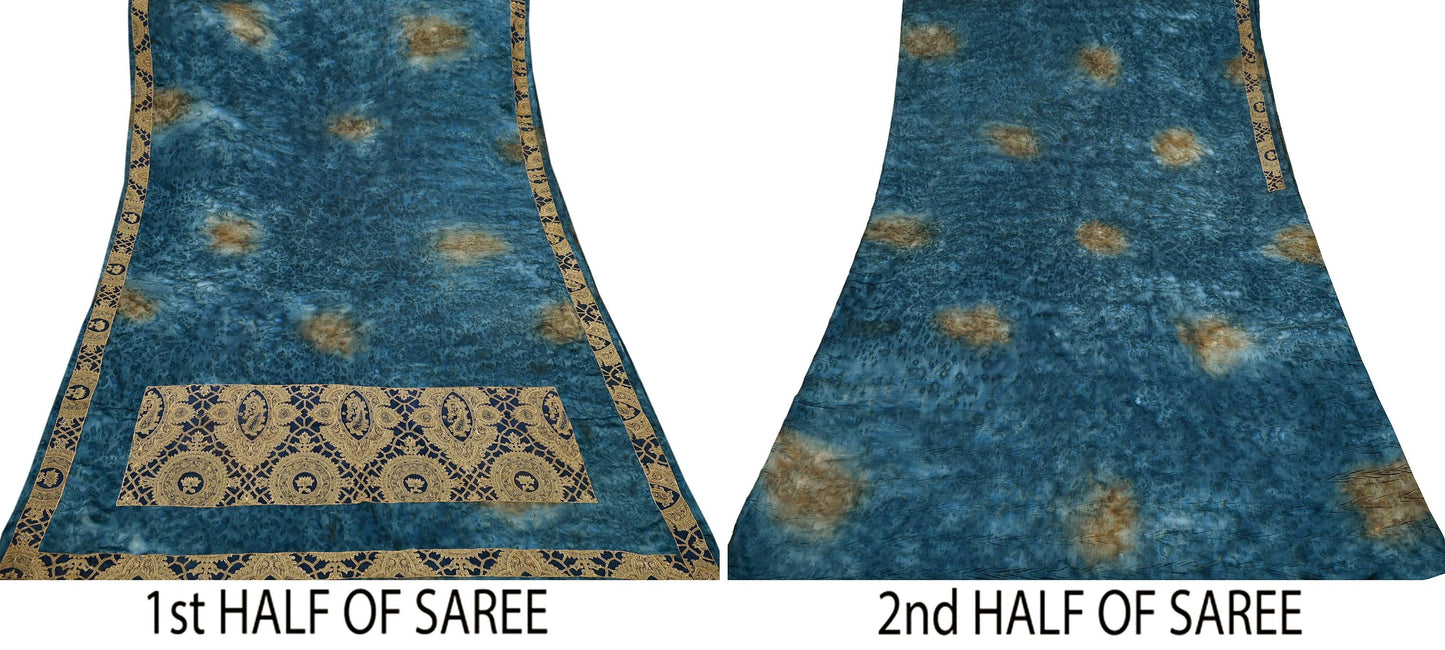Indian Vintage Green & Blue Sarees Satin Hand Embroidered Sari Craft Fabric 5-Yards Sewing Soft Zardozi/Zari Floral Dress making Crafting