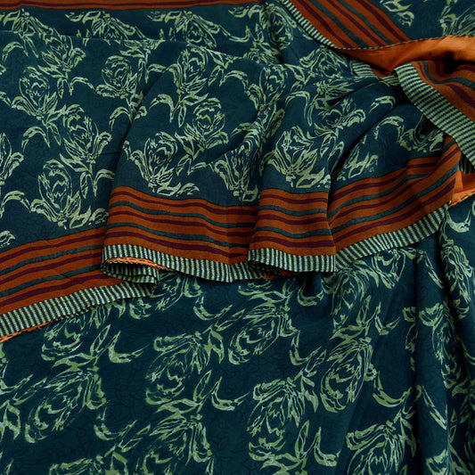 Indian Vintage Sari Green & Brown Pure Crepe Silk Printed Sarees 5yd Sewing Floral Soft Craft Fabric Wrap Dress making Crafting Quilting