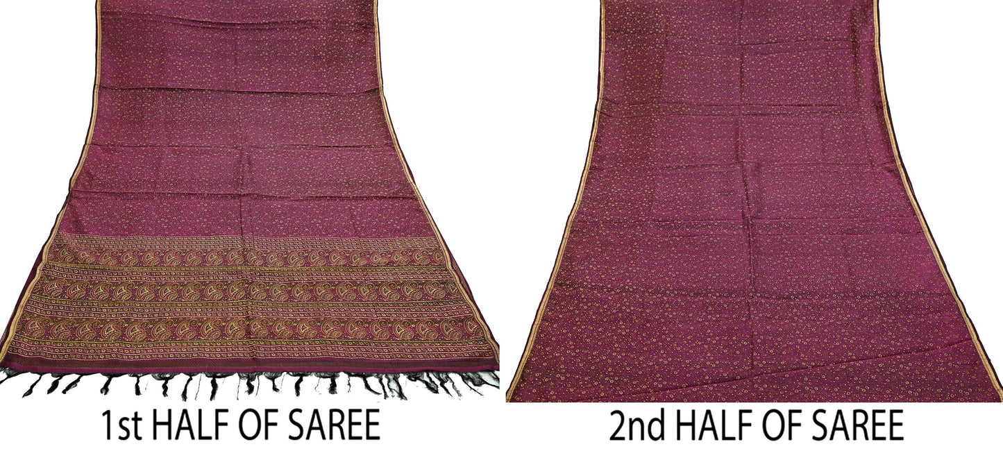 Indian Vintage Sari Purple 100% Pure Silk Painted/Printed Sarees Fabric 5yard Sewing Craft Fabric DressMaking  Soft Wrap Zari Border