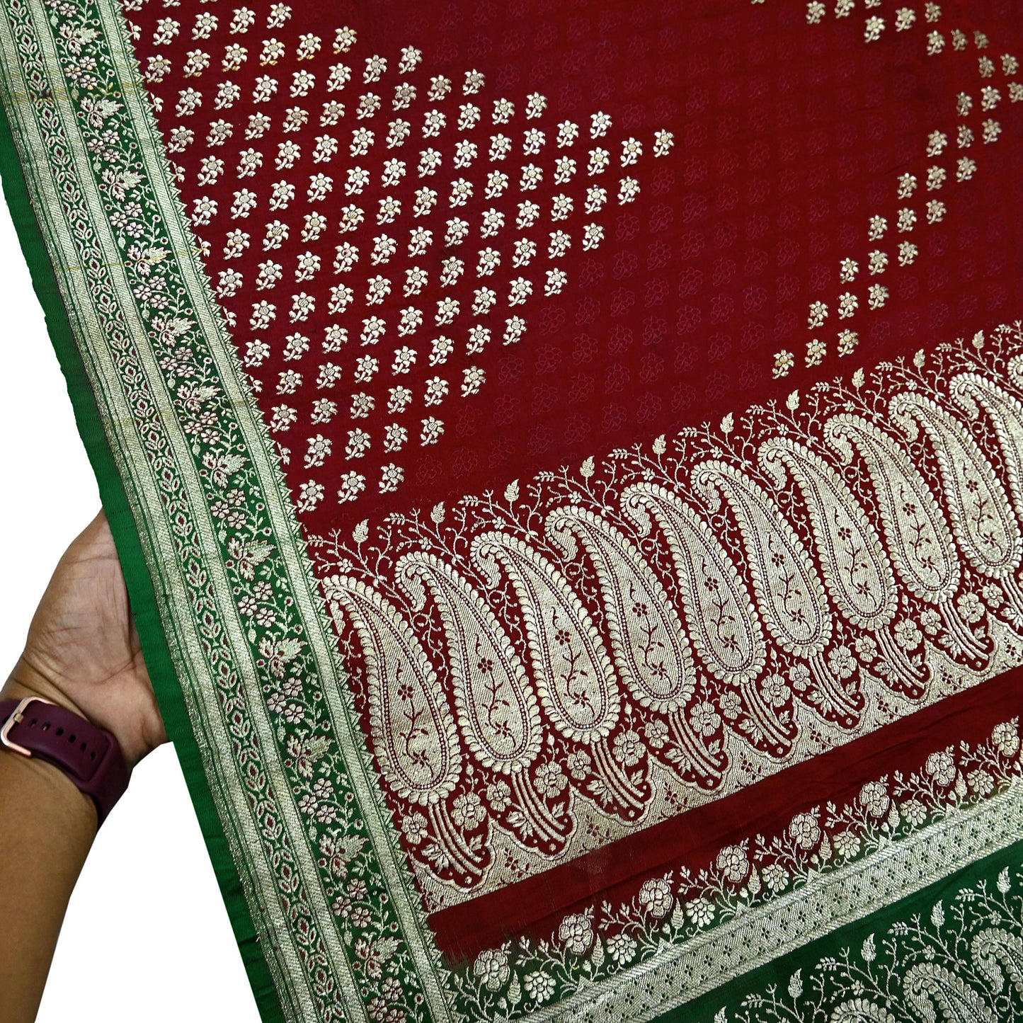 Vintage Banarasi Saree Pure Satin Silk Woven Brocade Zari Fabric Maroon & Green Heavy Craft Sari 5 Yards Indian Antique Textile Dress Making