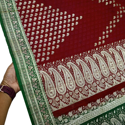 Vintage Banarasi Saree Pure Satin Silk Woven Brocade Zari Fabric Maroon & Green Heavy Craft Sari 5 Yards Indian Antique Textile Dress Making