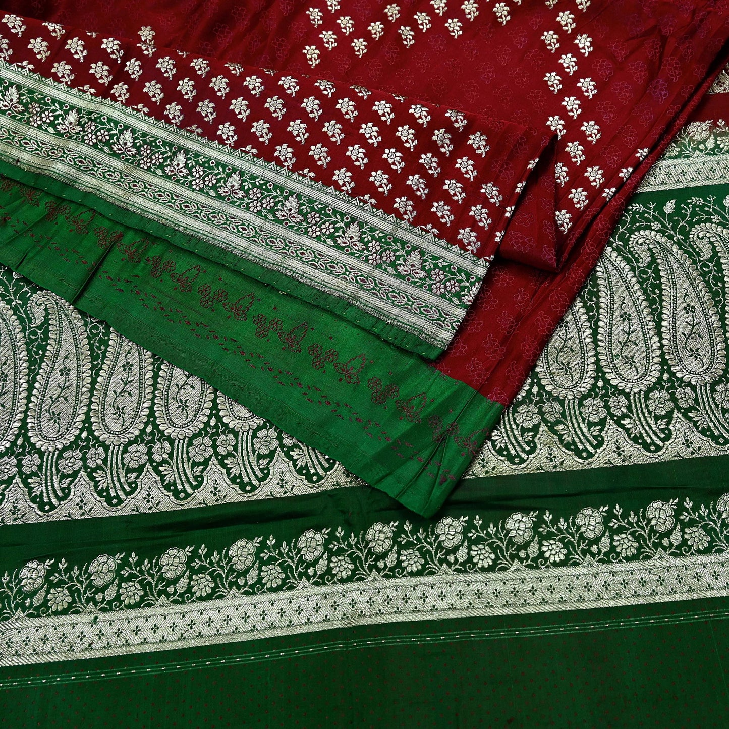 Vintage Banarasi Saree Pure Satin Silk Woven Brocade Zari Fabric Maroon & Green Heavy Craft Sari 5 Yards Indian Antique Textile Dress Making