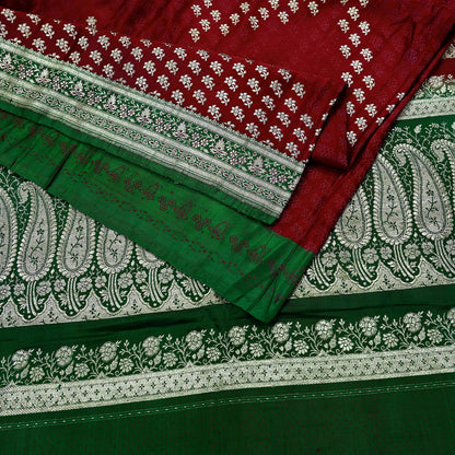 Vintage Banarasi Saree Pure Satin Silk Woven Brocade Zari Fabric Maroon & Green Heavy Craft Sari 5 Yards Indian Antique Textile Dress Making