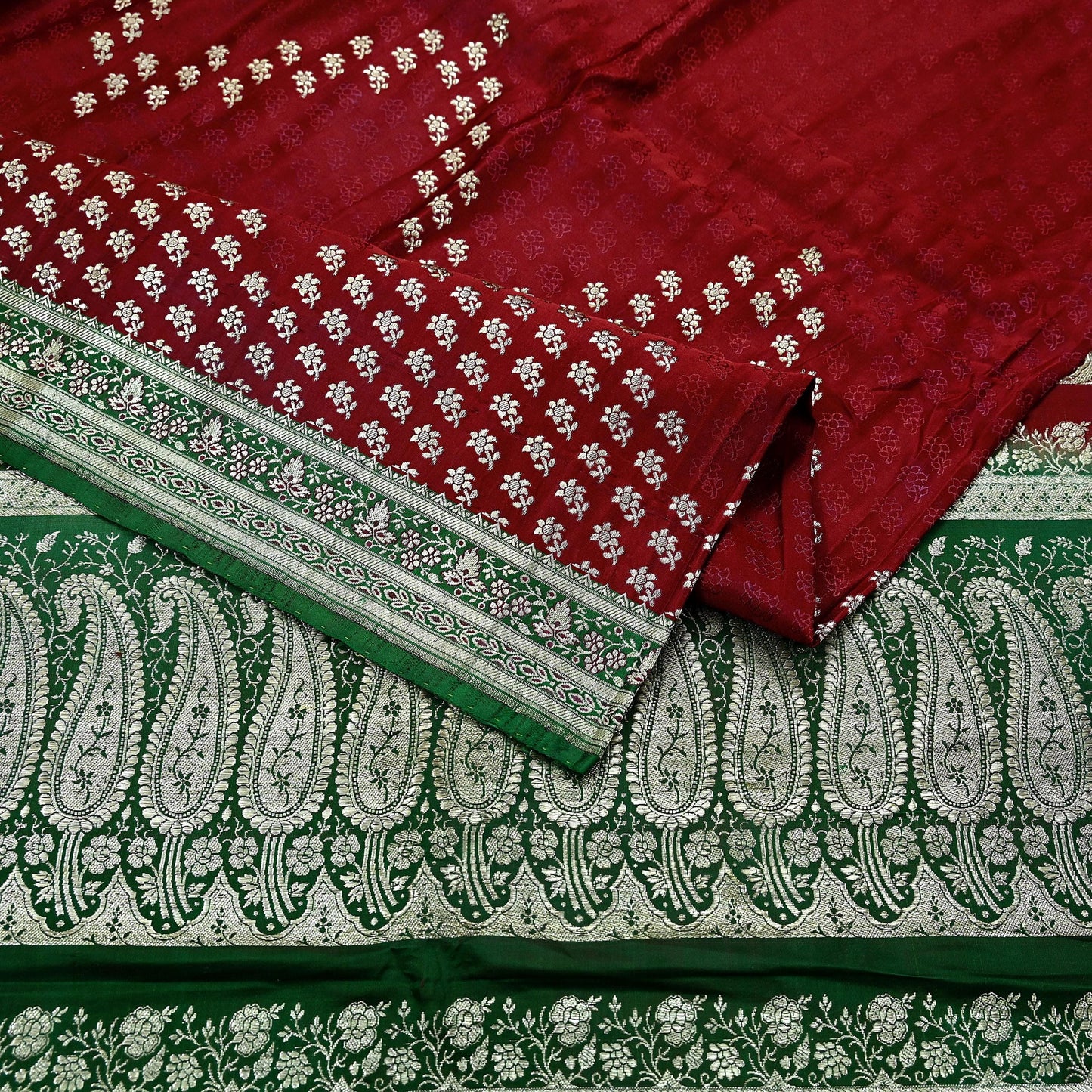 Vintage Banarasi Saree Pure Satin Silk Woven Brocade Zari Fabric Maroon & Green Heavy Craft Sari 5 Yards Indian Antique Textile Dress Making