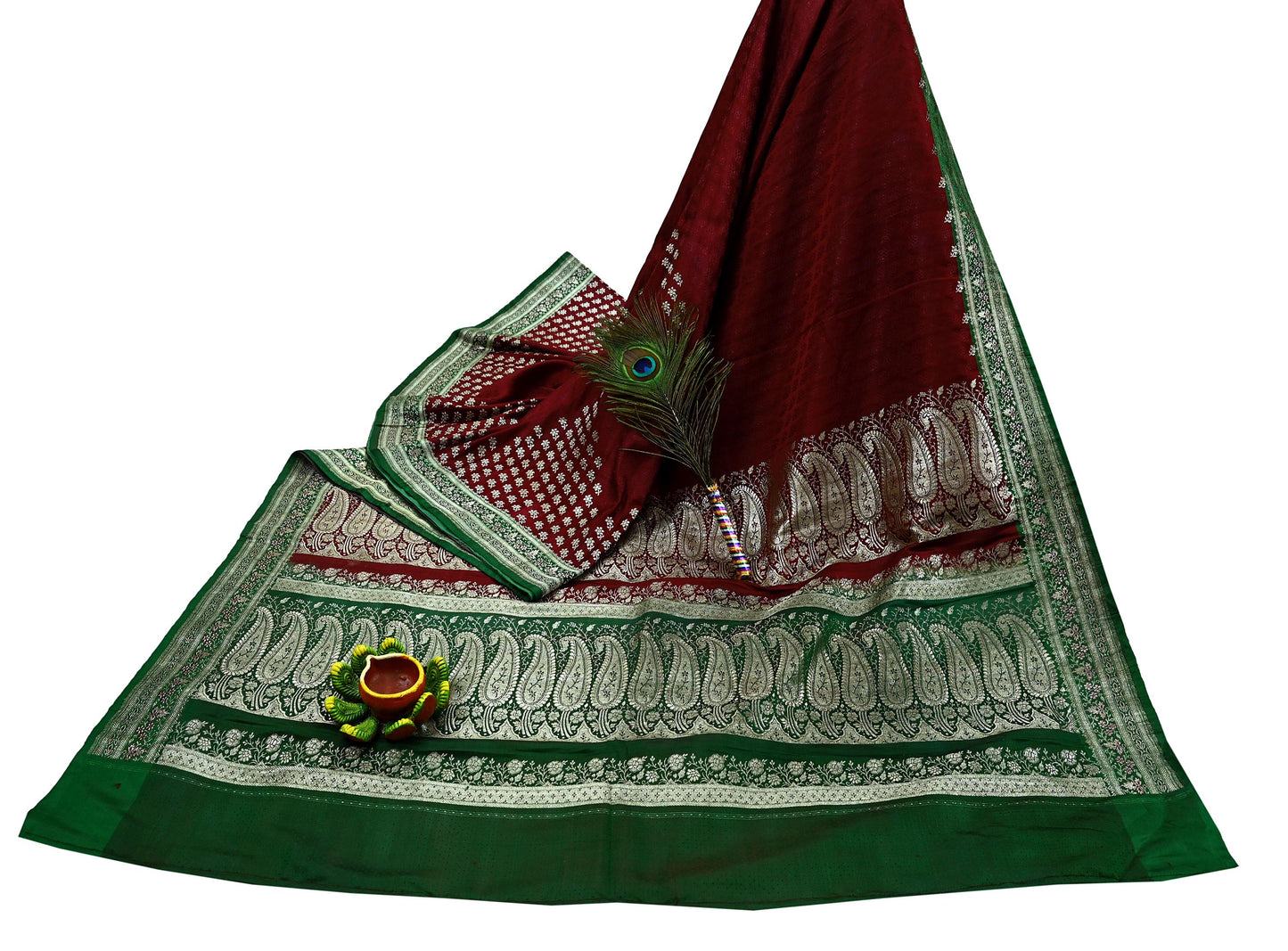 Vintage Banarasi Saree Pure Satin Silk Woven Brocade Zari Fabric Maroon & Green Heavy Craft Sari 5 Yards Indian Antique Textile Dress Making