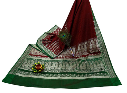 Vintage Banarasi Saree Pure Satin Silk Woven Brocade Zari Fabric Maroon & Green Heavy Craft Sari 5 Yards Indian Antique Textile Dress Making