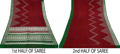 Vintage Banarasi Saree Pure Satin Silk Woven Brocade Zari Fabric Maroon & Green Heavy Craft Sari 5 Yards Indian Antique Textile Dress Making