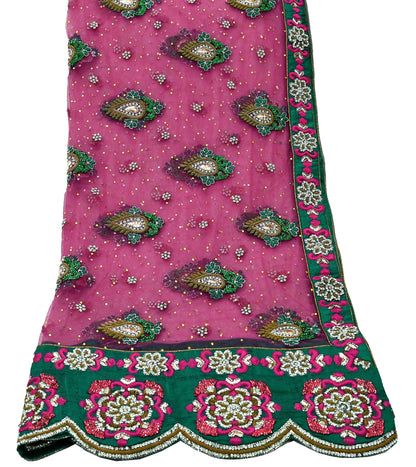 Indian Vintage Heavy Bridal Pink Dupatta Net Mesh Long Stole Hand Embroidered Scarves Golden Zardozi Dabka Zari Sequins Wedding Veil Hijab