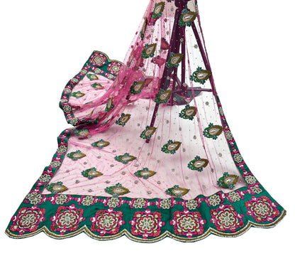 Indian Vintage Heavy Bridal Pink Dupatta Net Mesh Long Stole Hand Embroidered Scarves Golden Zardozi Dabka Zari Sequins Wedding Veil Hijab