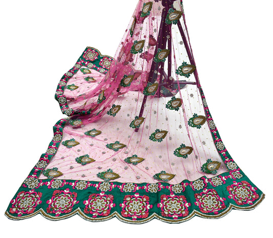 Indian Vintage Heavy Bridal Pink Dupatta Net Mesh Long Stole Hand Embroidered Scarves Golden Zardozi Dabka Zari Sequins Wedding Veil Hijab