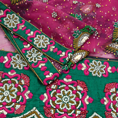 Indian Vintage Heavy Bridal Pink Dupatta Net Mesh Long Stole Hand Embroidered Scarves Golden Zardozi Dabka Zari Sequins Wedding Veil Hijab