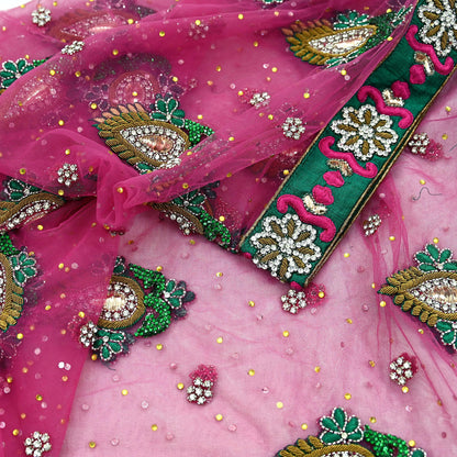 Indian Vintage Heavy Bridal Pink Dupatta Net Mesh Long Stole Hand Embroidered Scarves Golden Zardozi Dabka Zari Sequins Wedding Veil Hijab