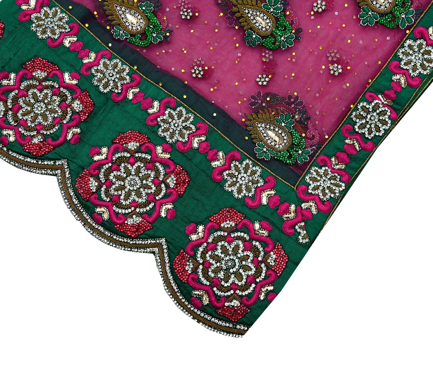 Indian Vintage Heavy Bridal Pink Dupatta Net Mesh Long Stole Hand Embroidered Scarves Golden Zardozi Dabka Zari Sequins Wedding Veil Hijab