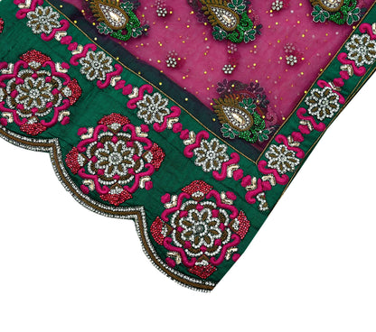 Indian Vintage Heavy Bridal Pink Dupatta Net Mesh Long Stole Hand Embroidered Scarves Golden Zardozi Dabka Zari Sequins Wedding Veil Hijab
