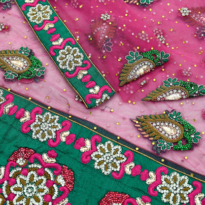 Indian Vintage Heavy Bridal Pink Dupatta Net Mesh Long Stole Hand Embroidered Scarves Golden Zardozi Dabka Zari Sequins Wedding Veil Hijab