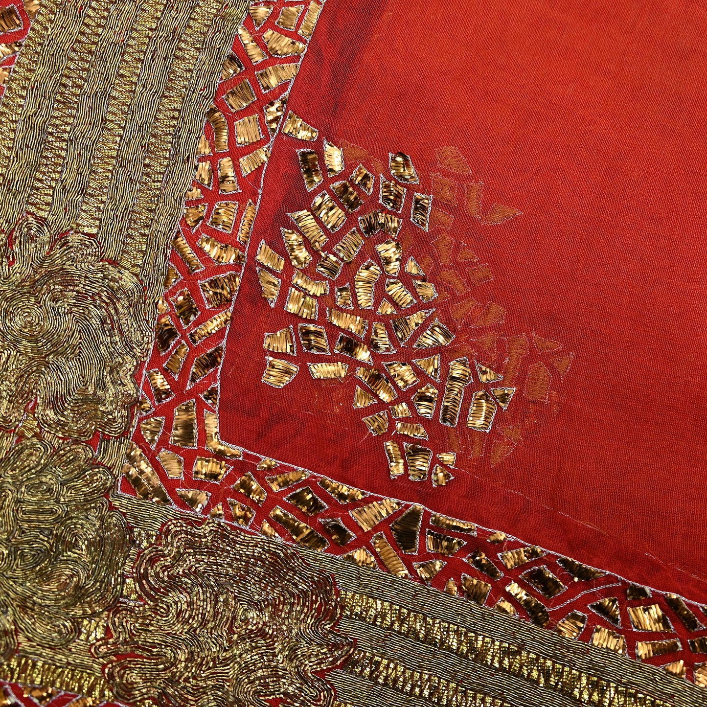 Indian Vintage Heavy Orange Net/Mesh/ Velvet Hand Embroidered Dupatta Designer By Anamika Khanna Bridal Wear Dabka Zardozi Veil Hijab