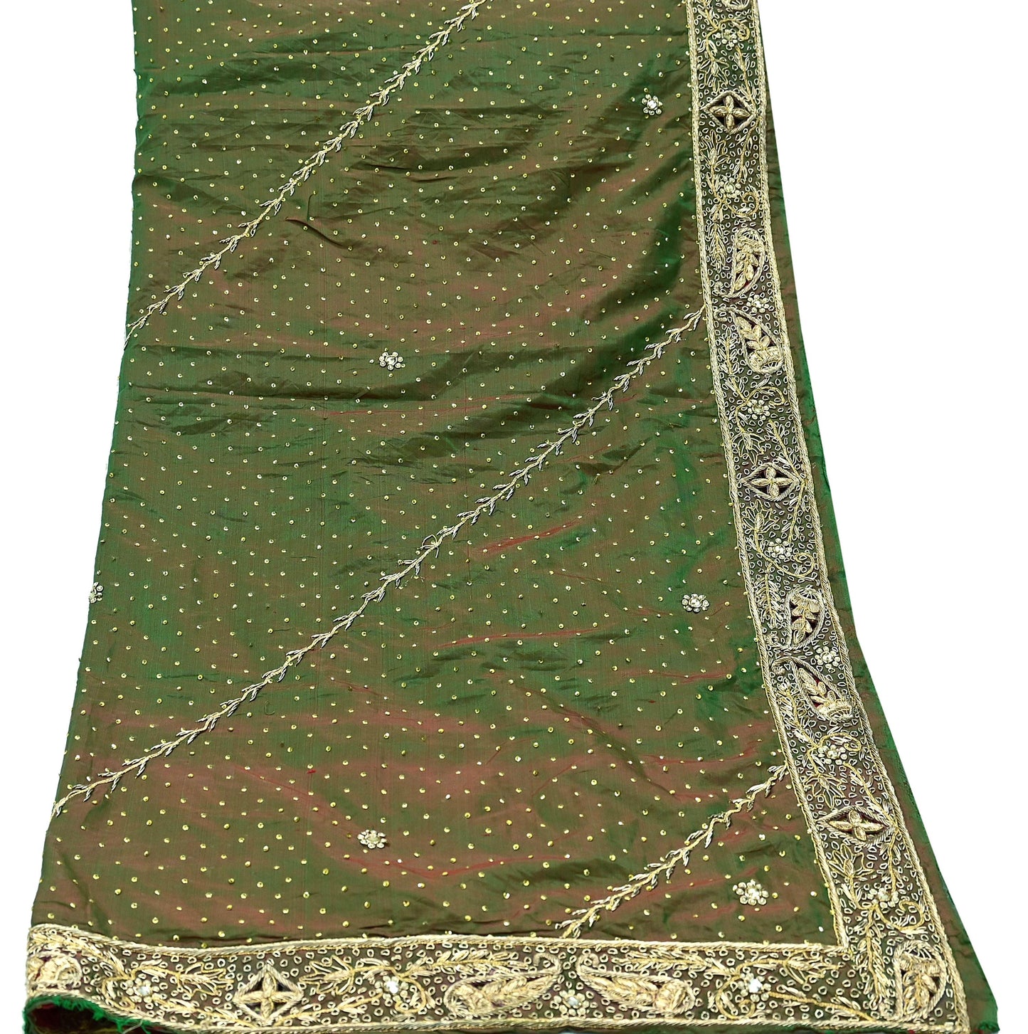 Indian Vintage Green Dupatta Pure Silk Long Stole Hand Embroidered Scarves Floral Design Stole Veil Wrap Sequins