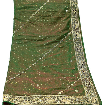 Indian Vintage Green Dupatta Pure Silk Long Stole Hand Embroidered Scarves Floral Design Stole Veil Wrap Sequins
