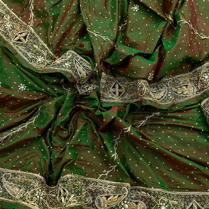 Indian Vintage Green Dupatta Pure Silk Long Stole Hand Embroidered Scarves Floral Design Stole Veil Wrap Sequins