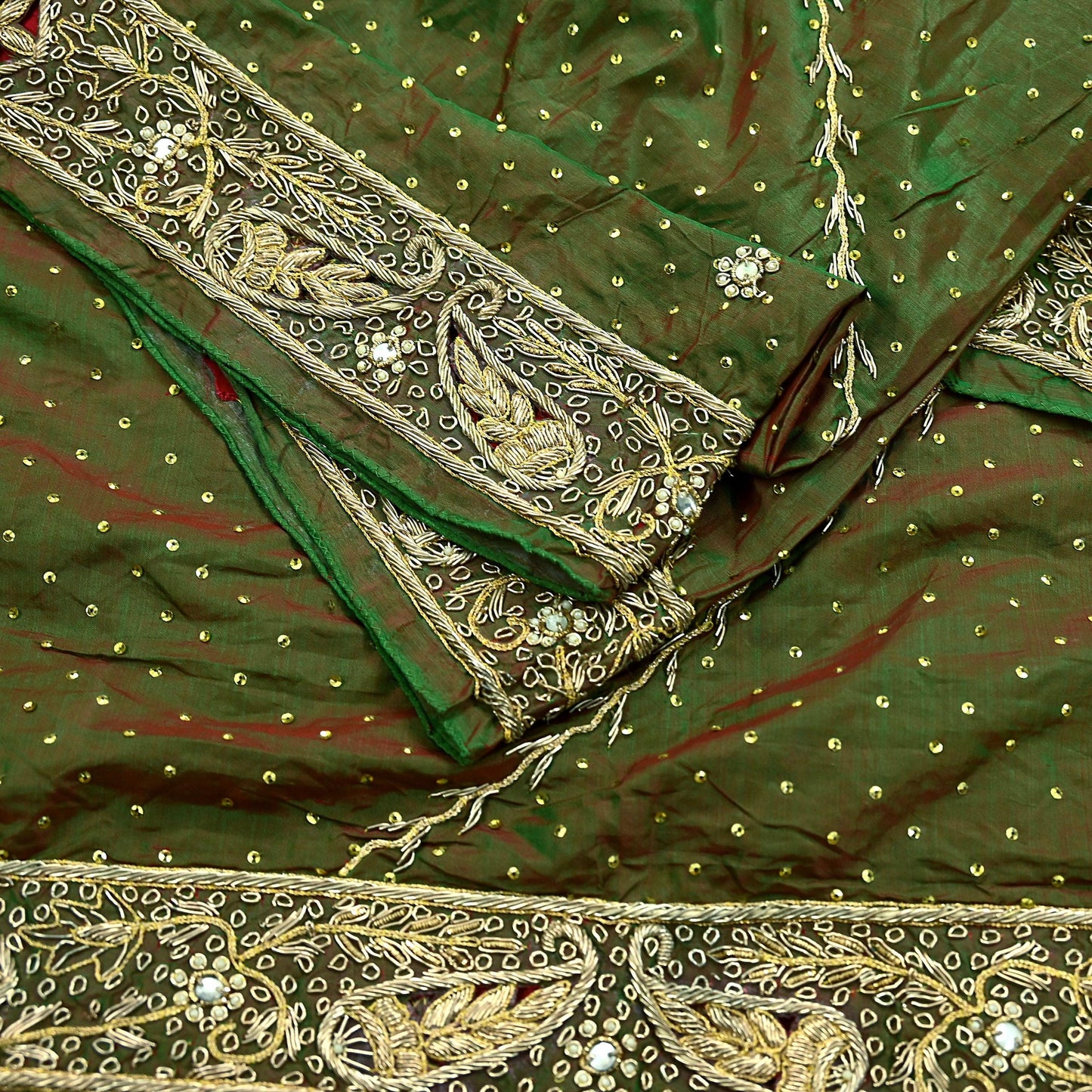 Indian Vintage Green Dupatta Pure Silk Long Stole Hand Embroidered Scarves Floral Design Stole Veil Wrap Sequins