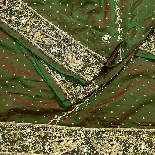 Indian Vintage Green Dupatta Pure Silk Long Stole Hand Embroidered Scarves Floral Design Stole Veil Wrap Sequins
