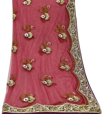 Indian Vintage Heavy Wedding Pink Net/Mesh/ Velvet Hand Embroidered Dupatta Designer By Anamika Khanna Bridal Wear Dabka Zardozi Veil Hijab