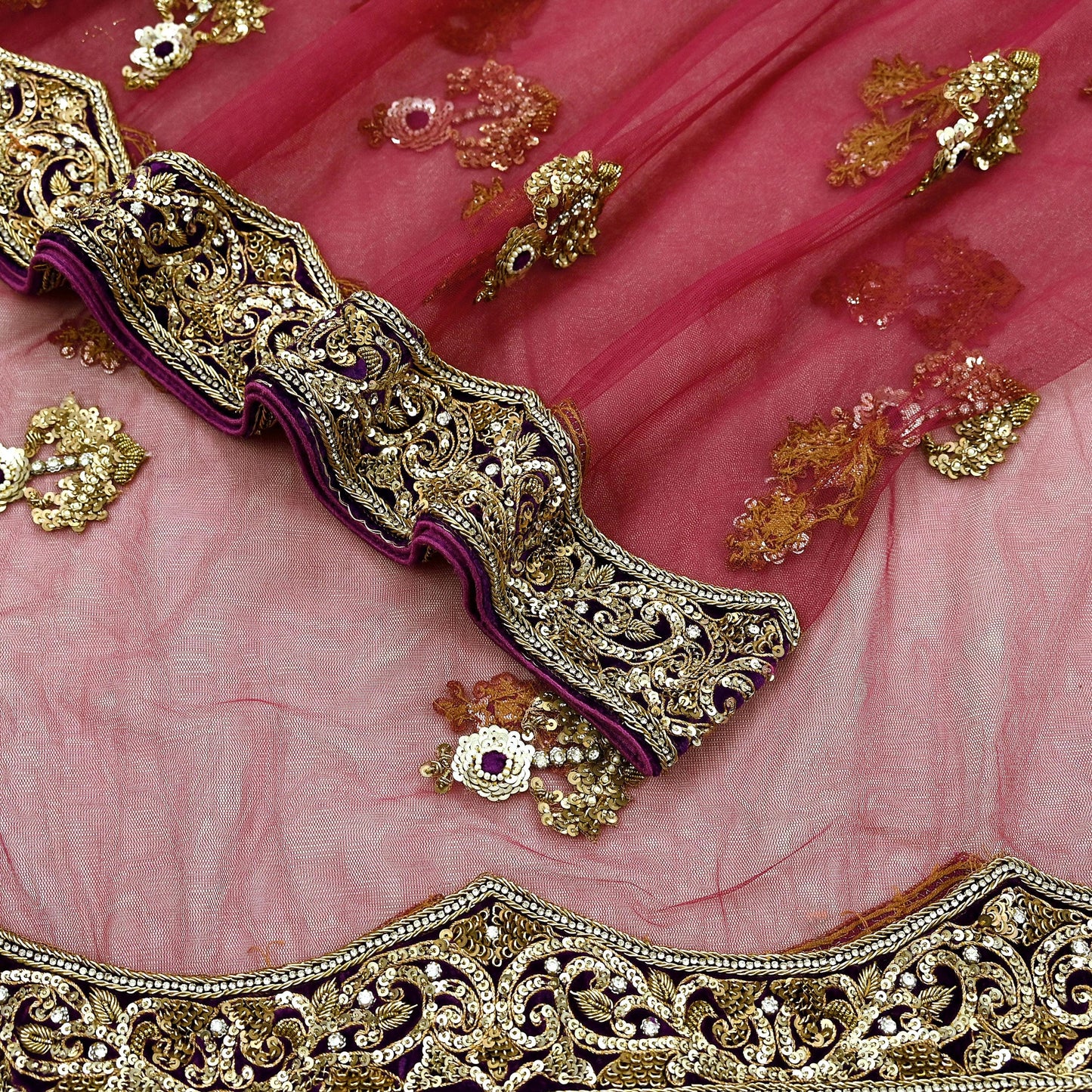 Indian Vintage Heavy Wedding Pink Net/Mesh/ Velvet Hand Embroidered Dupatta Designer By Anamika Khanna Bridal Wear Dabka Zardozi Veil Hijab