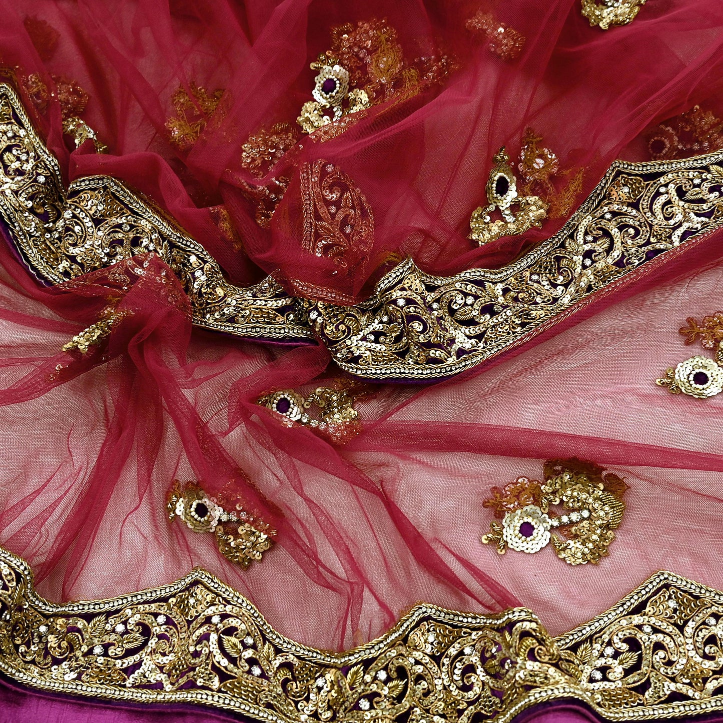 Indian Vintage Heavy Wedding Pink Net/Mesh/ Velvet Hand Embroidered Dupatta Designer By Anamika Khanna Bridal Wear Dabka Zardozi Veil Hijab