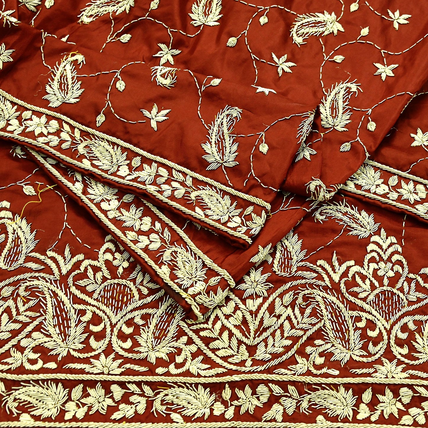 Indian Vintage Heavy Wedding Rusty Orange Dupatta Pure Satin Silk Long Stole Hand Embroidered Scarves Golden Zardozi Stole